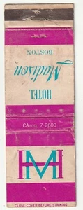 MATCHBOOK COVER - HOTEL MADISON - BOSTON MASSACHUSETTS - Picture 1 of 3