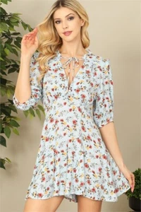 Blue Floral Puff Sleeve Romper Size Small V Neck - Picture 1 of 2