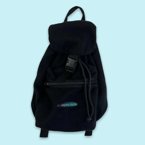 Vtg 90's The Mighty Ducks Solid Black Fleece Script Drawstring Backpack EUC Cover