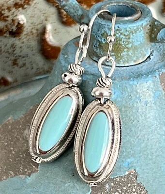 Etched Silver and Turquoise Earrings. Boho Chic. Country Western. - Image 1 of 4