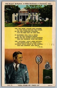 Postcard Claremore OK c1953 Will Rogers Birthplace Well Folks My Time’s Up - Picture 1 of 2