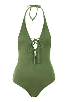 Topshop Swimsuit Lace Up Latticie Olive Green Full Body 10 - Image 1 of 4