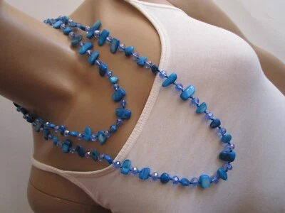 Damen Hals Kette Modekette Bettelkette lang Perlmutt Perlen Blau Endloskette TOP - Bild 1 von 4