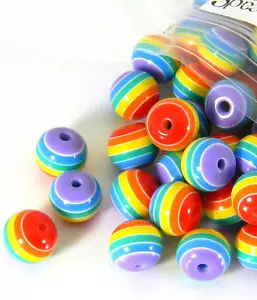 8 Rainbow Striped 10mm Round Plastic Acrylic Resin Beads with Opaque Stripes - Picture 1 of 1