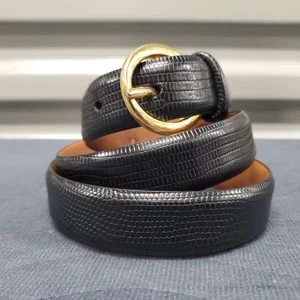 Talbots Womens Medium Black Embossed Snakeskin Leather Belt Brass Italy 6623 - Picture 1 of 17