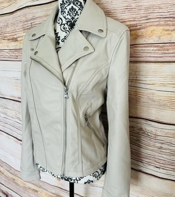 Chaqueta de moto Express para mujer beige cremallera completa manga larga cuero vegano talla L nueva con etiquetas Foto 1 de 4