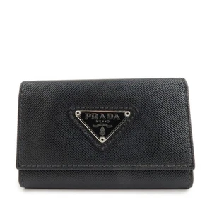 Authentic PRADA Triangle Logo Saffiano Leather Key Case Black 1M0222 Used F/S - Picture 1 of 19