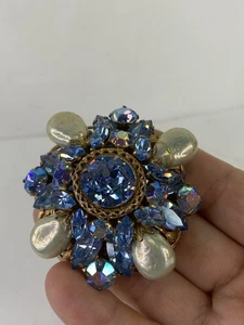 Broche prendedor Regency piedras azules perlas de imitación filigrana dorado 2 pulgadas firmado - Imagen 1 de 16