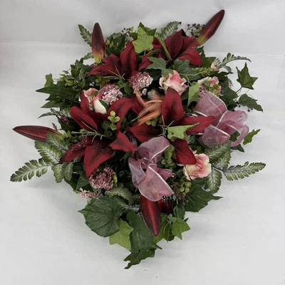 Artificial Floral Arrangement Roses Hydrangeas Lilies Greenery 27 x 22 Inches - Image 1 of 4