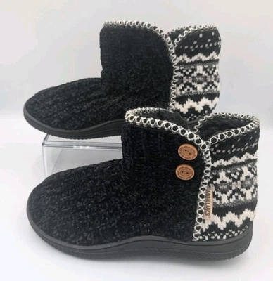 Muk Luks Knit Bootie Slippers Size Medium 7-8 Black Gray Cozy Button Sherpa - Image 1 of 4