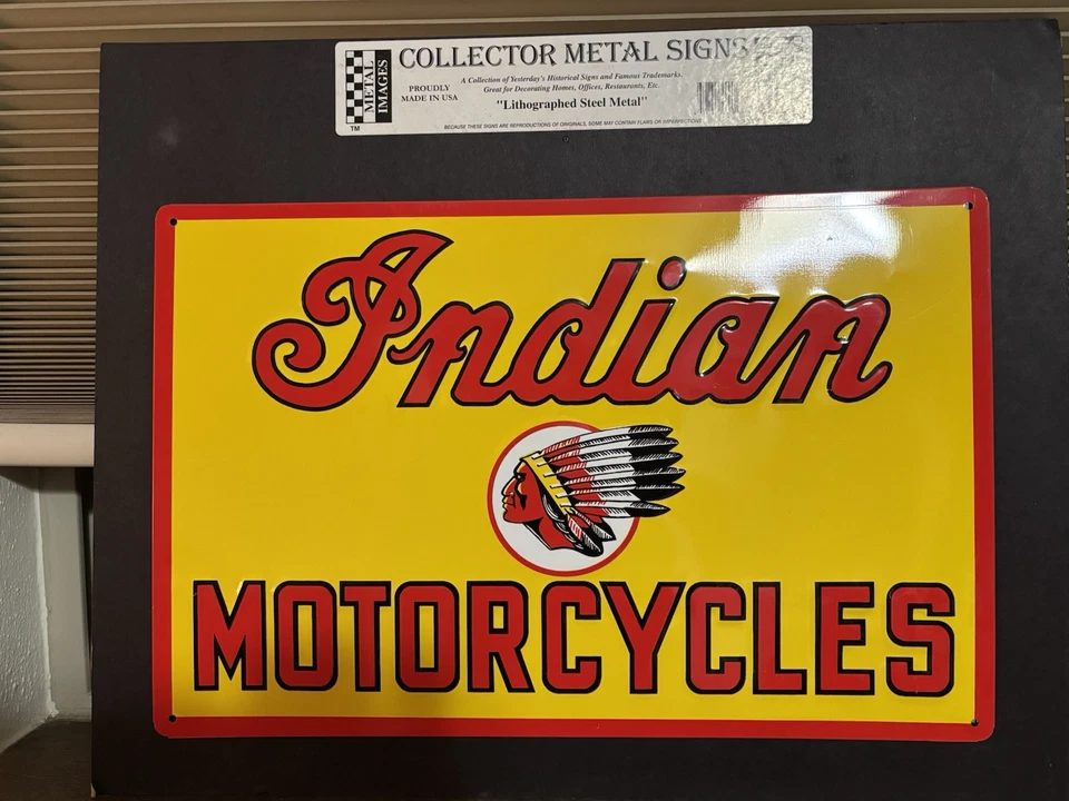 indian motorcycle sign REPRO lithograph metal 17 x 11” never displayed NOS - Image 1 of 1