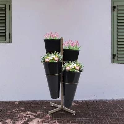 Металлическая подставка для растений с ведрами для цветов 4* с колесиками - Изображение 1 из 4