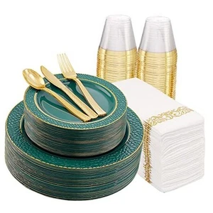 PCS Plastic Plates with Gold Rim&Christmas Plates&Green and 175 Marrs Green - Picture 1 of 7