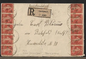 FRANCE CREUTZWALD TO GERMANY STRIPS OF 5 ON REGISTERED COVER 1923 - Picture 1 of 2
