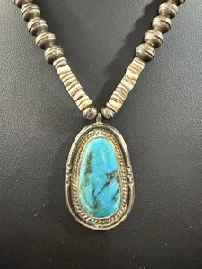 Vintage signierter Navajo Sterlingsilber Türkis Anhänger Perlen Heishi Halskette H7 - Bild 1 von 13