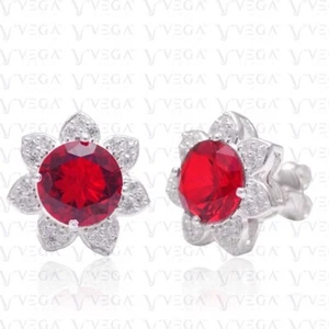 4.50ct Round Shape Natural Red Ruby & Diamond Stud Earring 18k White Gold Plated - Picture 1 of 11