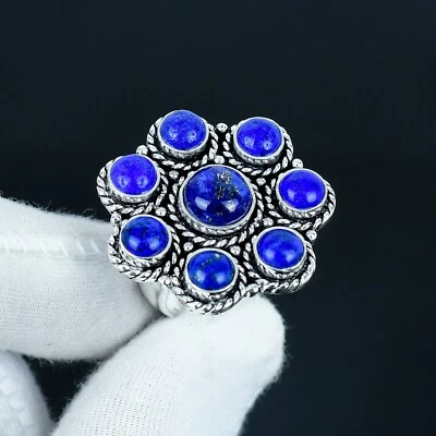Naturale Lapislazzuli Gemma Anello 925 Argento Sterling Fiore Artigianale Regalo - Immagine 1 di 3
