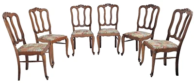 Set of 6 Vintage French Oak Dining Chairs Cabriole Legs, Floral Upholstery 1930s - Image 1 of 4