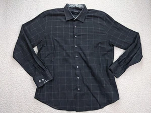 Bugatchi Shaped Fit Men XL 17.5 Black Dragon Flip Cuff Button Shirt Windowpane - Picture 1 of 8