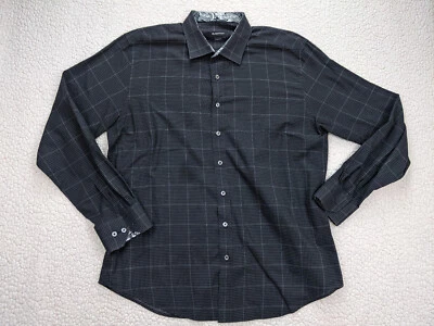 Bugatchi Shaped Fit Men XL 17.5 Black Dragon Flip Cuff Button Shirt Windowpane - Image 1 of 4