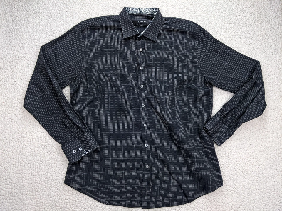 Bugatchi Shaped Fit Men XL 17.5 Black Dragon Flip Cuff Button Shirt Windowpane - Image 1 of 4