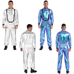 Men Bodysuit Mock Neck Rompers Metallic Catsuit Ball Coverall Space Jumpsuit - Picture 1 of 38