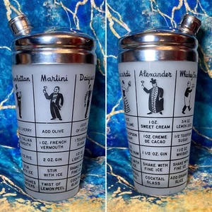 Vtg 30s Frosted Glass Chrome Art Deco Recipe Martini Cocktail Shaker MCM Atomic - Picture 1 of 4
