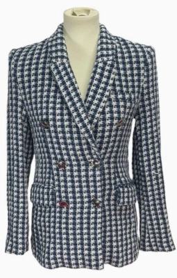 Elie By Elie Tahari Womens Blazer Size 8 Blue White Jacket Loose Weave Lined - Изображение 1 из 4