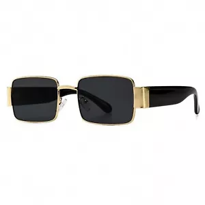 Mens Rectangle Gold Frame Dark Black Tint Hip Hop Fashion Square Sunglasses - Picture 1 of 5
