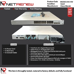 Cisco Meraki MS350-24X-HW L3 24xGigE mGig UPOE Cloud Managed Switch -Unclaimed- - Picture 1 of 1