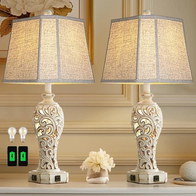 Set of 2 Rustic Table Lamps with USB Ports Hollow Out Resin Nightlight White - Image 1 of 4