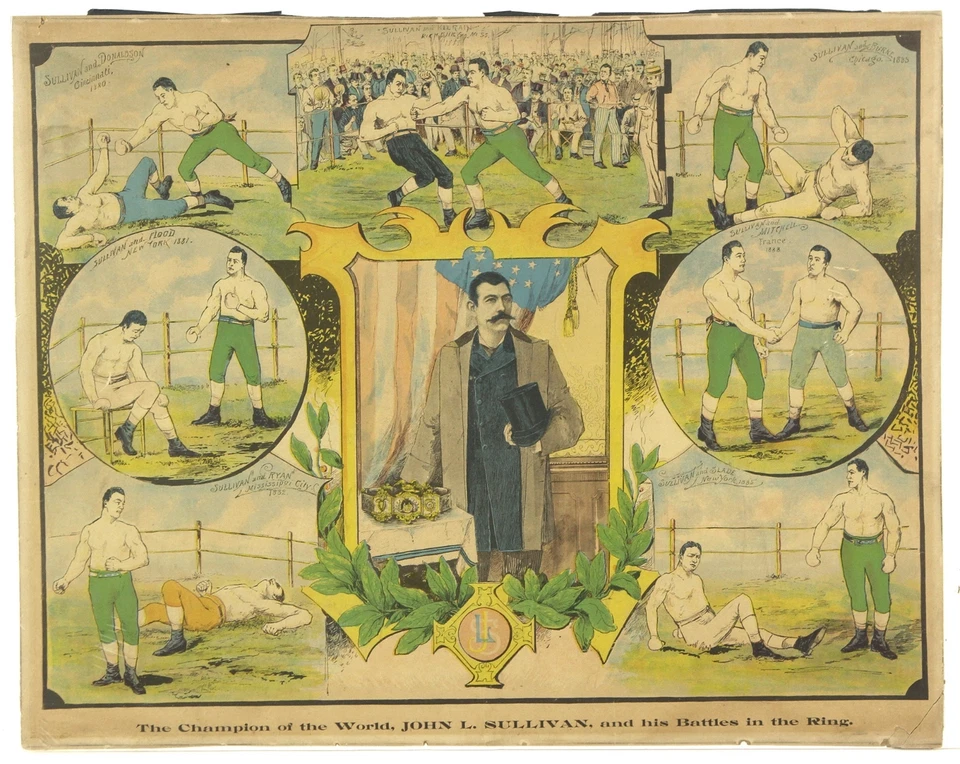  1890's, John L. Sullivan Original Color Poster/Sign of His Battles in the Ring - Image 1 of 1