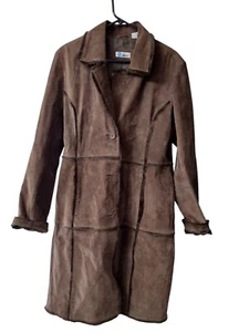 Vintage 90s Y2K B Lucid Long Suede Leather Coat Faux Fur Trim XL - Bild 1 von 8