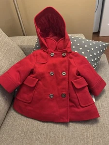 Jacadi Girl’s Red Wool Pea Coat with hood. Size 6M. Brand new! Unworn with tag. - Picture 1 of 6