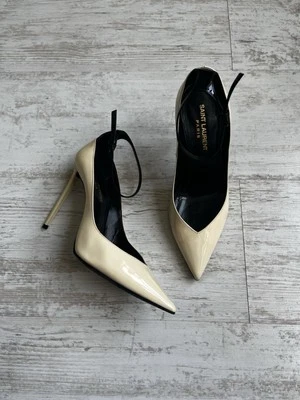 Saint Laurent Zoe 85 Patent Leather Pumps Ankle Strap Heels Size 38 Beige Italy - Image 1 of 4
