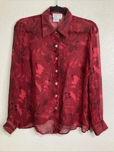 Tess rotes Seidentop Knopfleiste Y2K dunkel Blumen transparent Vamp Whimsygoth Größe L - Bild 1 von 3