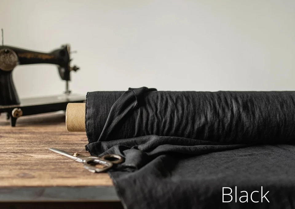 Black Linen Fabric by the Yard | Soft Washed Medium Weight | Sewing & Upholstery - Image 1 of 4