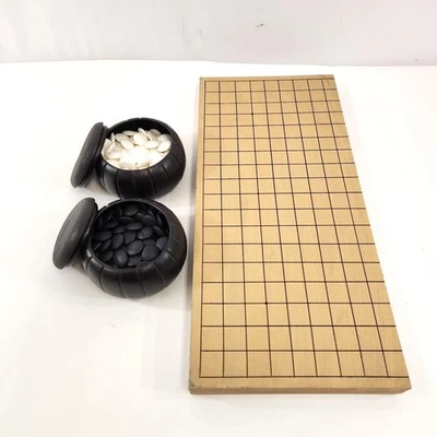 Vintage Go Goban Stones Black & White Japanese Wood Board Game - Image 1 of 4