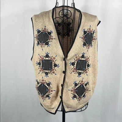 Christopher & Banks Chaleco Tejido Beige Para Mujer Mediano Bordado Flores Abuela Foto 1 de 4