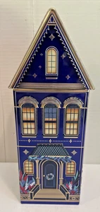 Silver Crane Co. BLUE Victorian HOUSE Embossed Empty Christmas Cookie Tin - 13” - Picture 1 of 11