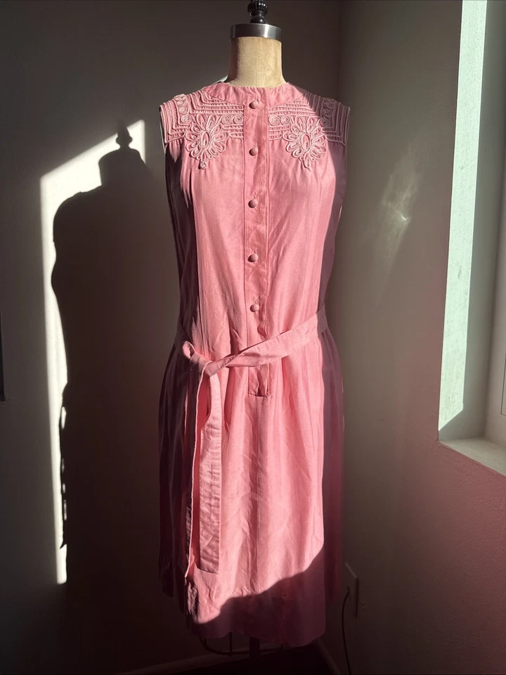 VTG 1960s Malcolm Starr Ltd Dress Pink Silk Rayon Soutache Embroidery Size 10 - Image 1 of 4