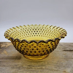 Vintage Fenton Amber Glass Hobnail Bowl With Ruffled Edge Candy Bowl - Picture 1 of 14