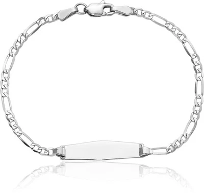 14K Solid White Gold Soft Figaro Link ID Bracelet - Image 1 of 4