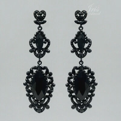 女士黑色喷射水晶水钻婚礼吊坠耳环 20115 派对舞会 — 第 1/4 张图片