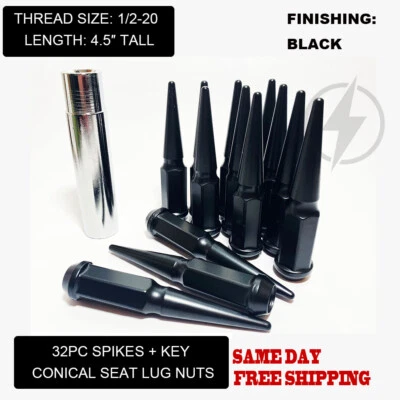 FIT CHEVROLET C/K TRUCK SPIKE LUG NUT 4.5'' CONICAL SEAT 1/2-20 BLACK 32PC+KEY - Image 1 of 4