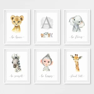 Personalised Safari Animal Nursery Prints Children's Posters Wall Art Pictures - Picture 1 of 36