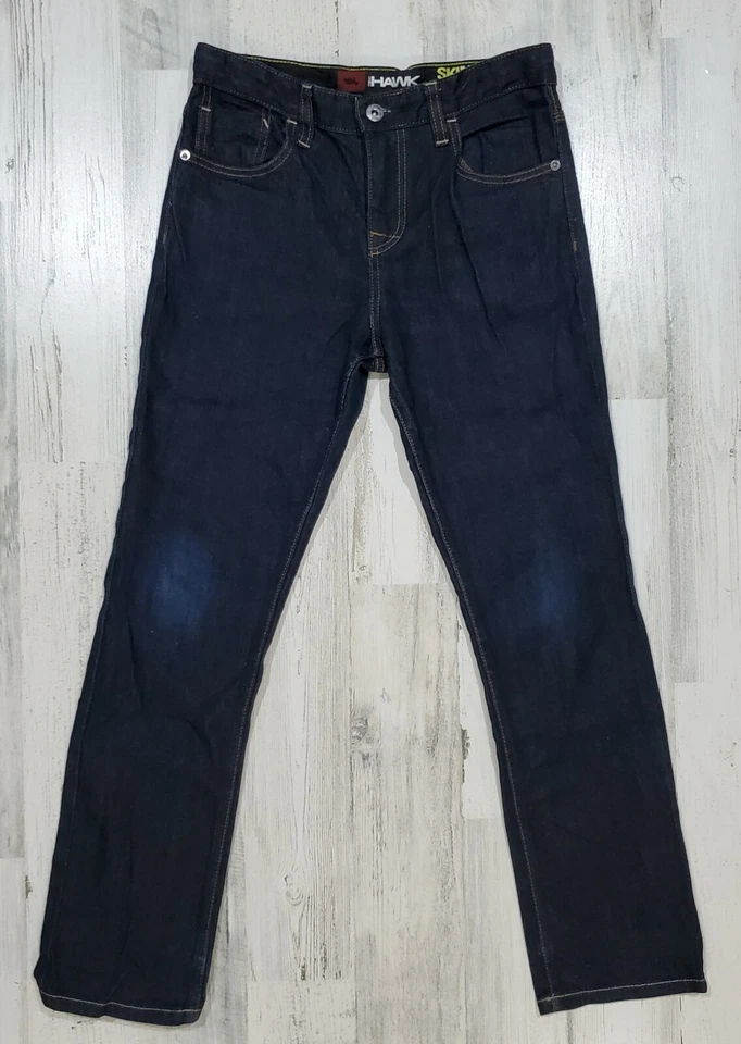 Pantalones de mezclilla skater ajustados holgados Tony Hawk para niños talla 12 flexibles lavado oscuro bolsillos con botones Foto 1 de 4