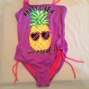 Girls Size 10 Justice swimsuit 1 piece purple pink metallic spaghetti straps - Picture 1 of 7