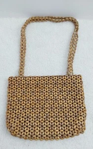 Wooden Beaded Tan Purse Shoulder Bag Double Strap Boho Beach Summer Vacation  - Picture 1 of 15
