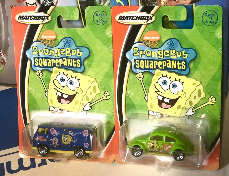 Set Matchbox Vw Delivery Van Volkswagen Bus Blue & Beetle Bug Green Sponge Bob - Image 1 of 1